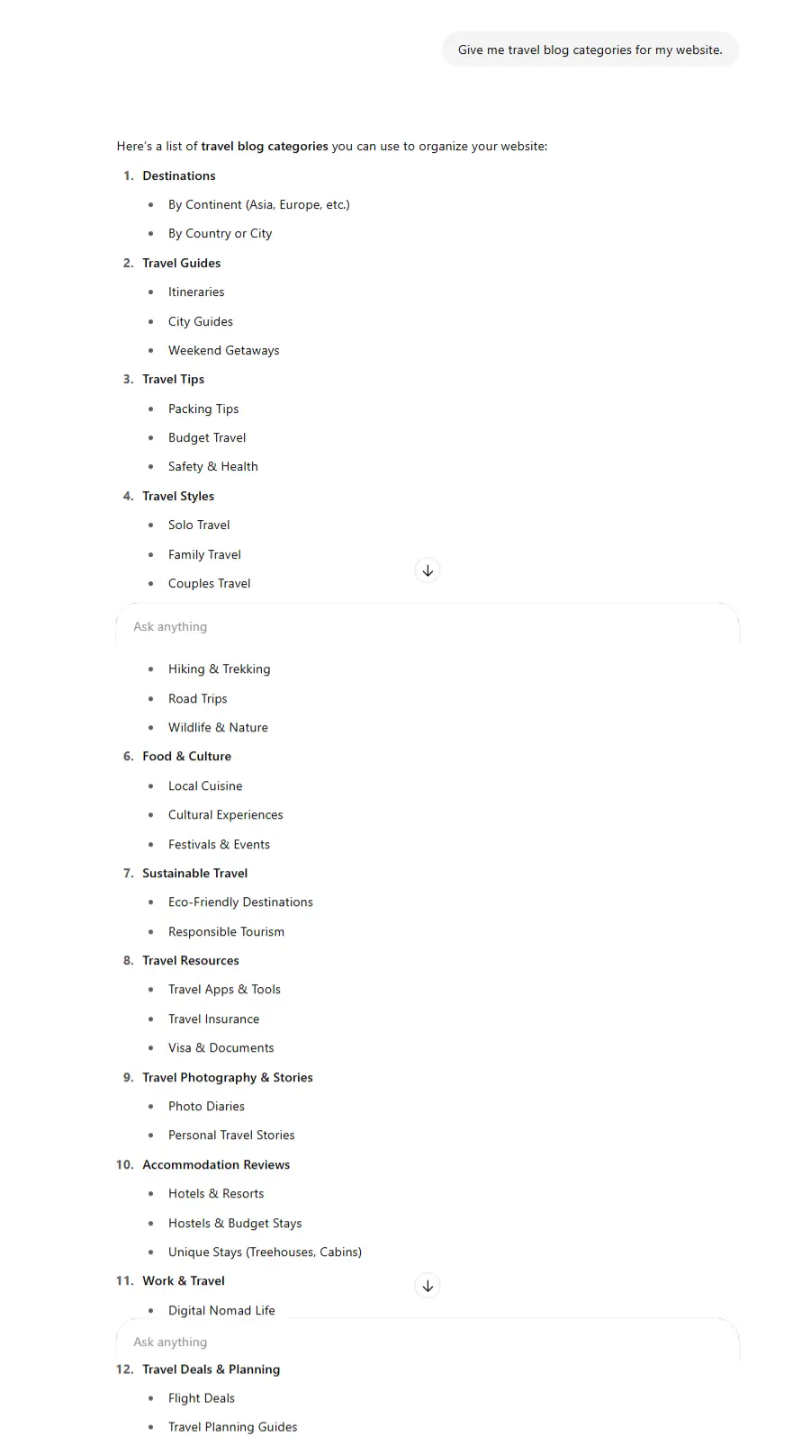 Travel blog categories